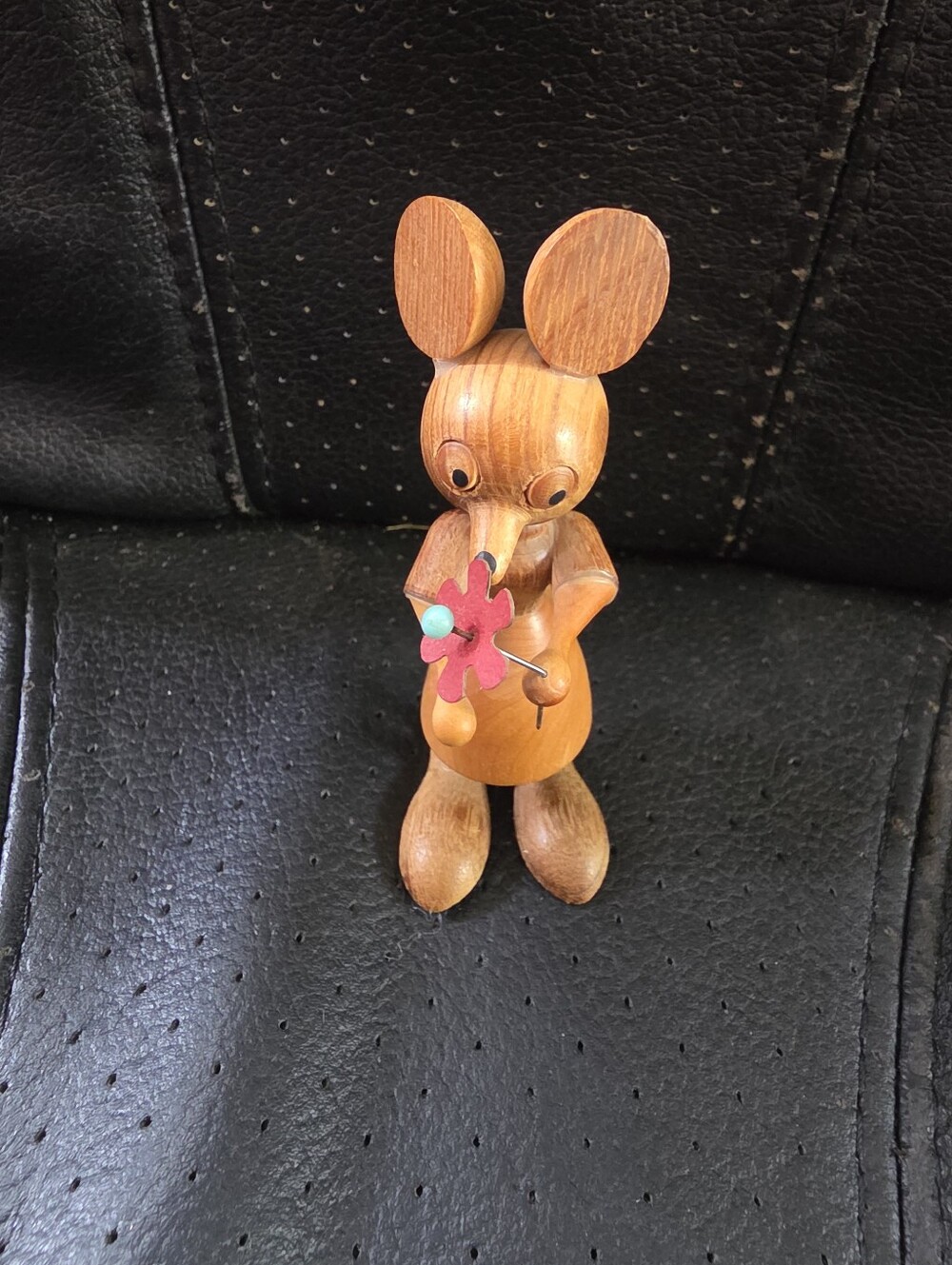 Rare Sweet Vintage Delicate Wood Lady Mouse Holding Flower Figurine Girl Female